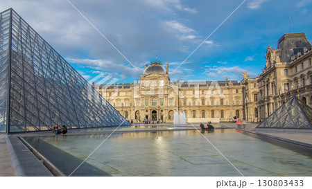 The large glass pyramid and the main courtyard of the Louvre Museum timelapse hyperlapse. Paris, France 130803433