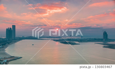 Top view of Abu Dhabi Skyline at sunset timelapse, United Arab Emirates 130803467