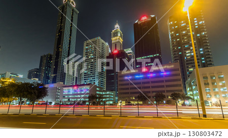 Downtown Dubai towers night timelapse hyperlapse. View of Sheikh Zayed road with tall skyscrapers. Downtown Dubai towers night timelapse hyperlapse. View of Sheikh Zayed road with tall skyscrapers. 130803472