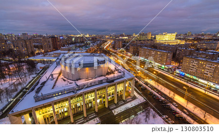 Moscow city Russia skyline aerial panoramic top view day to night timelapse urban winter snow scenery architecture background 130803510