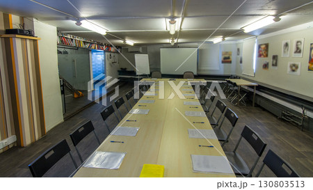 wooden conference table with office accessories timelapse stop motion animation 130803513