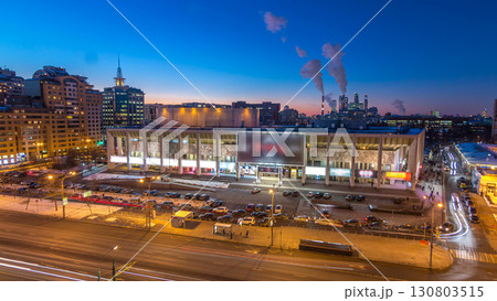 Moscow city Russia skyline aerial panoramic top view day to night timelapse urban winter snow scenery architecture background 130803515