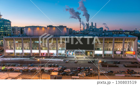 Moscow city Russia skyline aerial panoramic top view day to night timelapse urban winter snow scenery architecture background 130803519