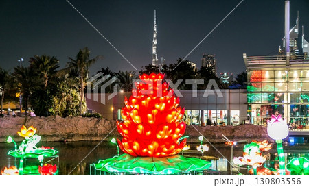 Dubai Glow Garden timelapse with illuminated trees and sculptures 130803556