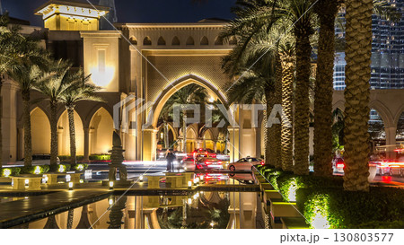 Entrance of Hotels, offices and Souk in downtown timelapse hyperlapse in Dubai, UAE Entrance of Hotels, offices and Souk in downtown timelapse hyperlapse in Dubai, UAE 130803577