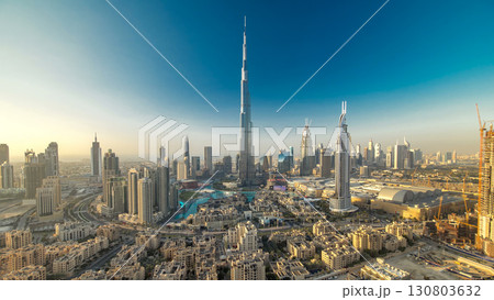 Dubai Downtown at evening timelapse view from the top in Dubai, United Arab Emirates Dubai Downtown at evening timelapse view from the top in Dubai, United Arab Emirates 130803632