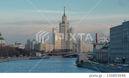 Dusk view of the Kotelnicheskaya Embankment Building day to night hyperlapse in Moscow timelapse, Russia. Dusk view of the Kotelnicheskaya Embankment Building day to night hyperlapse in Moscow timelapse, Russia. 130803646