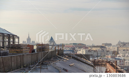 Steel bar rebar metal framework reinforcement for concrete at construction site timelapse. 130803686