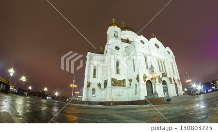 Majestic orthodox Cathedral of Christ Saviour illuminated at dusk on bank of Moscow river. Timelapse hyperlapse, Russia 130803725