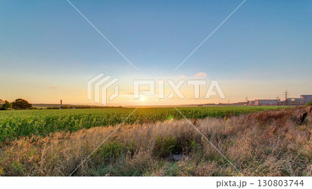 Beautiful sunrise in field and blue sky with clouds timelapse 130803744