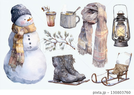 Watercolor winter set with snowman, lantern and sled 130803760