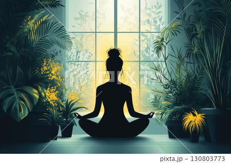 Silhouette woman meditating among houseplants Silhouette woman meditating among houseplants 130803773