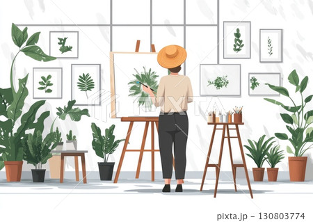 Illustration woman painting in botanical studio Illustration woman painting in botanical studio 130803774