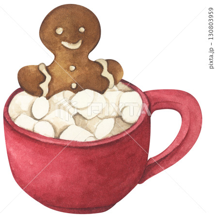 Watercolor paining of Christmas Coffee cup, Cocoa Mug, Hot Chocolate Cup with Marshmallow, Cozy Winter Drink, Festive Holiday Beverage, Cute Cafe Illustration. Watercolor paining of Christmas Coffee cup, Cocoa Mug, Hot Chocolate Cup with Marshmallow, Cozy Winter Drink, Festive Holiday Beverage, Cute Cafe Illustration. 130803959