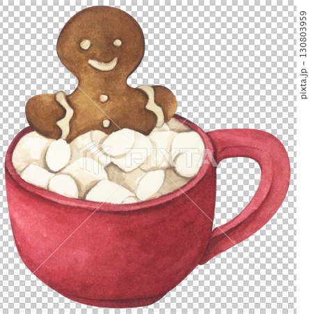 Watercolor paining of Christmas Coffee cup, Cocoa Mug, Hot Chocolate Cup with Marshmallow, Cozy Winter Drink, Festive Holiday Beverage, Cute Cafe Illustration. Watercolor paining of Christmas Coffee cup, Cocoa Mug, Hot Chocolate Cup with Marshmallow, Cozy Winter Drink, Festive Holiday Beverage, Cute Cafe Illustration. 130803959