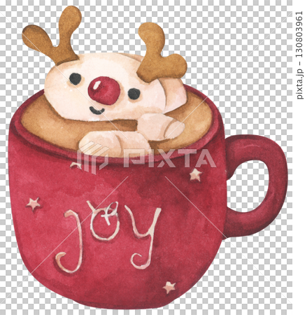 Watercolor paining of Christmas Coffee cup, Cocoa Mug, Hot Chocolate Cup with Marshmallow, Cozy Winter Drink, Festive Holiday Beverage, Cute Cafe Illustration. 130803961