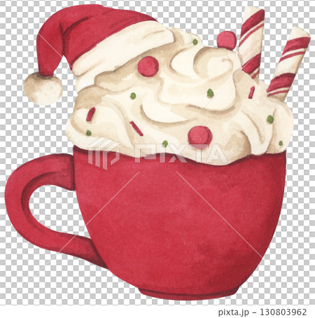 Watercolor paining of Christmas Coffee cup, Cocoa Mug, Hot Chocolate Cup with Marshmallow, Cozy Winter Drink, Festive Holiday Beverage, Cute Cafe Illustration. 130803962
