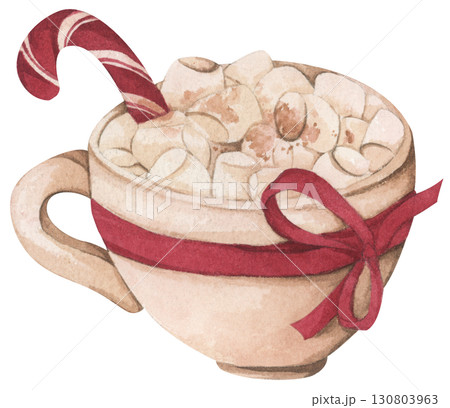 Watercolor paining of Christmas Coffee cup, Cocoa Mug, Hot Chocolate Cup with Marshmallow, Cozy Winter Drink, Festive Holiday Beverage, Cute Cafe Illustration. 130803963