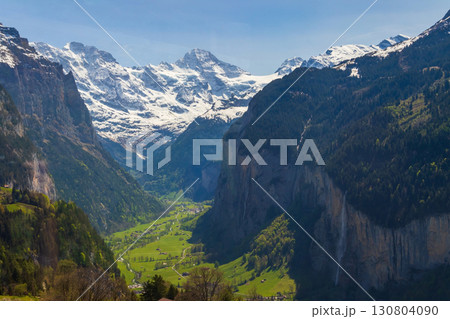 View of the Lauterbrunnen valley from alpine Wengen village in Bernese Oberland, Switzerland 130804090