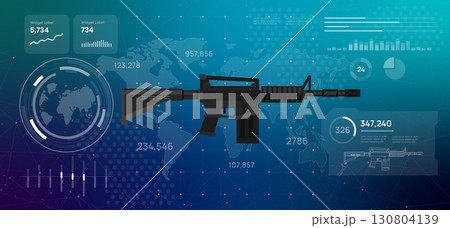 Futuristic digital dashboard displaying global data rifle weapon military statistics icon high-tech illustration visualizing defense systems military strategy security technology concepts Futuristic digital dashboard displaying global data rifle weapon military statistics icon high-tech illustration visualizing defense systems military strategy security technology concepts 130804139