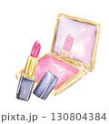 Lipstick with compact and mirror watercolor cosmetic illustration 130804384