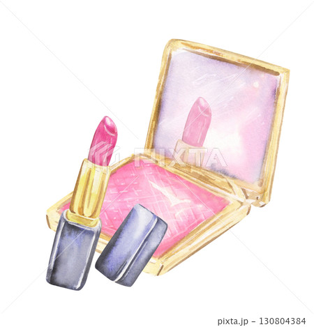 Lipstick with compact and mirror watercolor cosmetic illustration Lipstick with compact and mirror watercolor cosmetic illustration 130804384