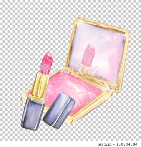 Lipstick with compact and mirror watercolor cosmetic illustration 130804384