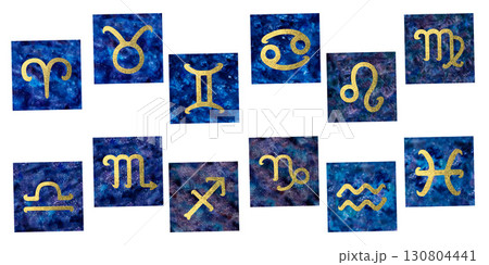 Gold zodiac signs on blue background. Watercolor hand drawn illustration template set for astrology designs, calendars, astrology blogs, spiritual content, birth charts, decorative Gold zodiac signs on blue background. Watercolor hand drawn illustration template set for astrology designs, calendars, astrology blogs, spiritual content, birth charts, decorative 130804441