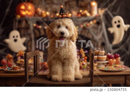 An adorable puppy dressed in costume for a Halloween party. 130804735