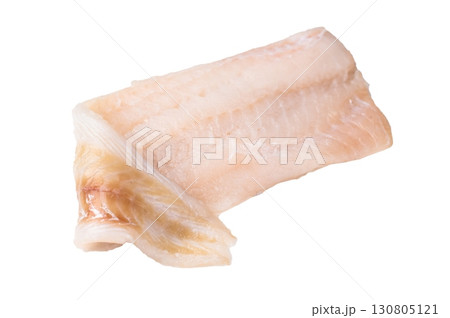 Fresh cod fish fillet, showcasing its delicate texture and pristine color, perfect for grilling or baking. isolated on white background. top view Fresh cod fish fillet, showcasing its delicate texture and pristine color, perfect for grilling or baking. isolated on white background. top view 130805121