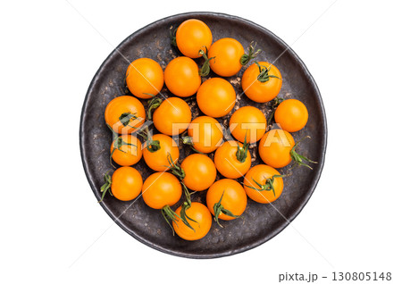 Uncooked small tomatoes. red, green and yellow cherry tomatoes assortment, cocktail mix isolated on white background. top view 130805148