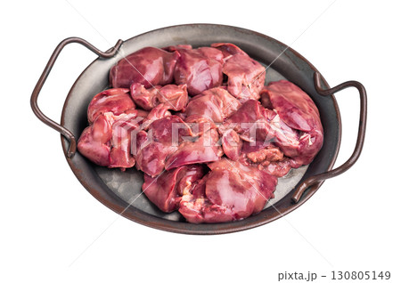 Raw poultry liver, chicken offals beautifully displayed, ready for seasoning. A nutritious ingredient ideal for gourmet dishes and traditional recipes. isolated on white background. top view 130805149