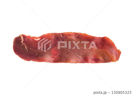 Dried spanish meat slices cecina, spanish tapa isolated on white background. top view Dried spanish meat slices cecina, spanish tapa isolated on white background. top view 130805325