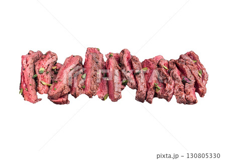 BBQ Grilled Flank beef steak, sliced meat with herbs isolated on white background. top view BBQ Grilled Flank beef steak, sliced meat with herbs isolated on white background. top view 130805330