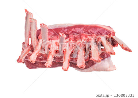 Raw rack of lamb, mutton cutlets isolated on white background. top view 130805333