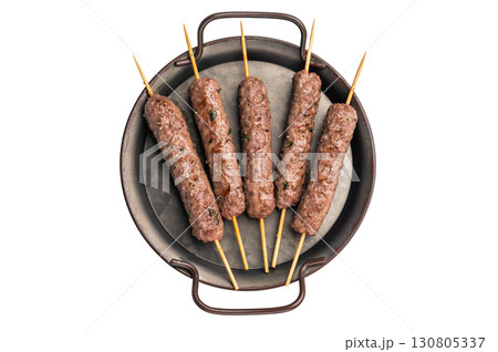 Grilled minced beef and lamb kebabs skewers with fresh spices, arabic kofta kofte kebab isolated on white background. top view 130805337