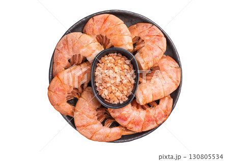 Plate with Headless Red Argentine shrimps, Prawns isolated on white background. top view Plate with Headless Red Argentine shrimps, Prawns isolated on white background. top view 130805534