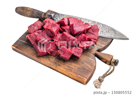 Diced Raw Venison meat, fresh Wild Roe Deer Game Meat on butcher cutting board Isolated on white background. top view 130805552