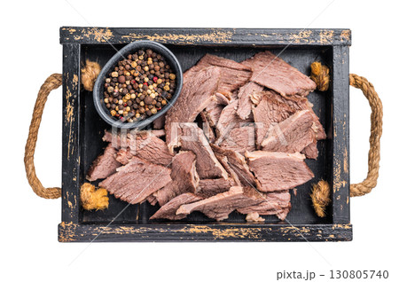Cooked Boiled lamb meat in wooden tray isolated on white background Cooked Boiled lamb meat in wooden tray isolated on white background 130805740