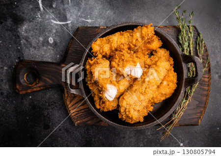 Fried chicken fillet tender strips. wooden background. top view 130805794