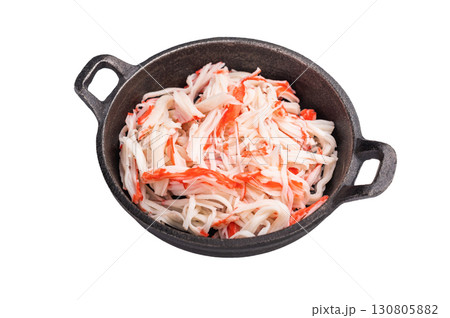 japanese Crab meat, crabmeat imitation in a skillet isolated on the white background. top view japanese Crab meat, crabmeat imitation in a skillet isolated on the white background. top view 130805882