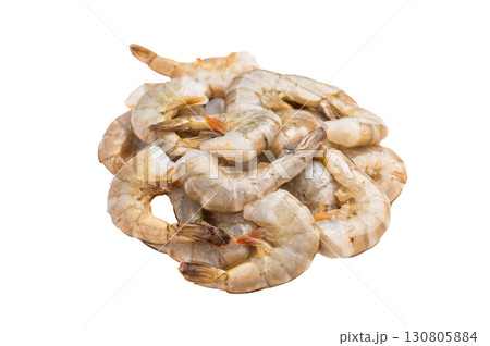 Fresh raw headless shrimps prawns isolated on white background. 130805884