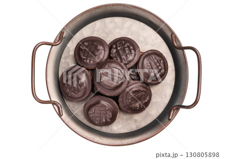 Jaffa Cookies covered with chocolate and filled with jam isolated on white background 130805898