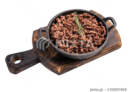 Fried ground beef and pork meat, fresh cooked mince in a skillet isolated on white background Fried ground beef and pork meat, fresh cooked mince in a skillet isolated on white background 130805908