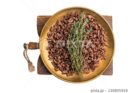 Roast and Fried mince meat, fresh cooked ground meat in a plate isolated on white background Roast and Fried mince meat, fresh cooked ground meat in a plate isolated on white background 130805928