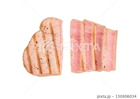 Perfectly cooked grilled tuna steak, a must try for seafood enthusiasts seeking a delicious and nutritious meal. isolated on white background. top view 130806034