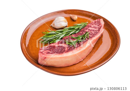 Raw sirloin beef steak, featuring a vibrant hue and well defined grain. isolated on white background. top view 130806113