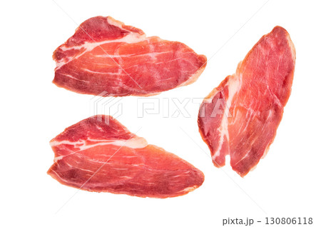 Slices of prsut, Balkan pork meat ham isolated on white background. top view 130806118