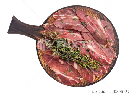 Guanciale dried speck ham, pork cured meat on wooden board isolated on white background. top view 130806127