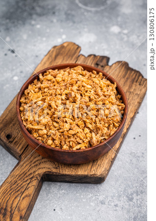 Crispy Fried Onion, Roasted dried Onions. white background. top view 130806175